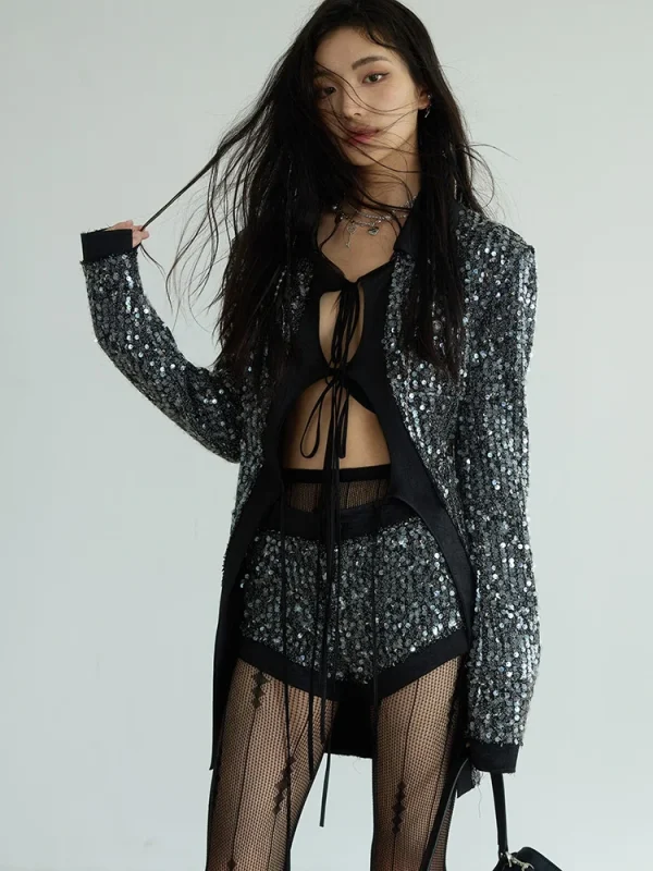Sequines V Neck Long Sleeve Patchwork Lace Up Top High Waist Shorts Two Piece Set - Image 5