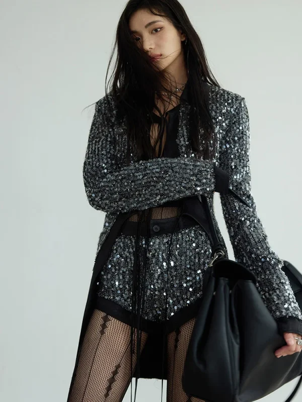 Sequines V Neck Long Sleeve Patchwork Lace Up Top High Waist Shorts Two Piece Set - Image 6