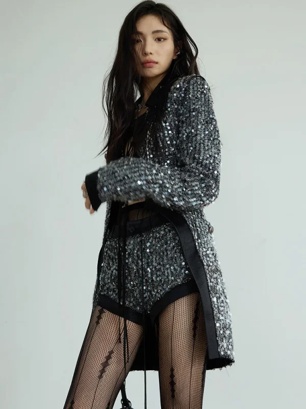 Sequines V Neck Long Sleeve Patchwork Lace Up Top High Waist Shorts Two Piece Set - Image 7