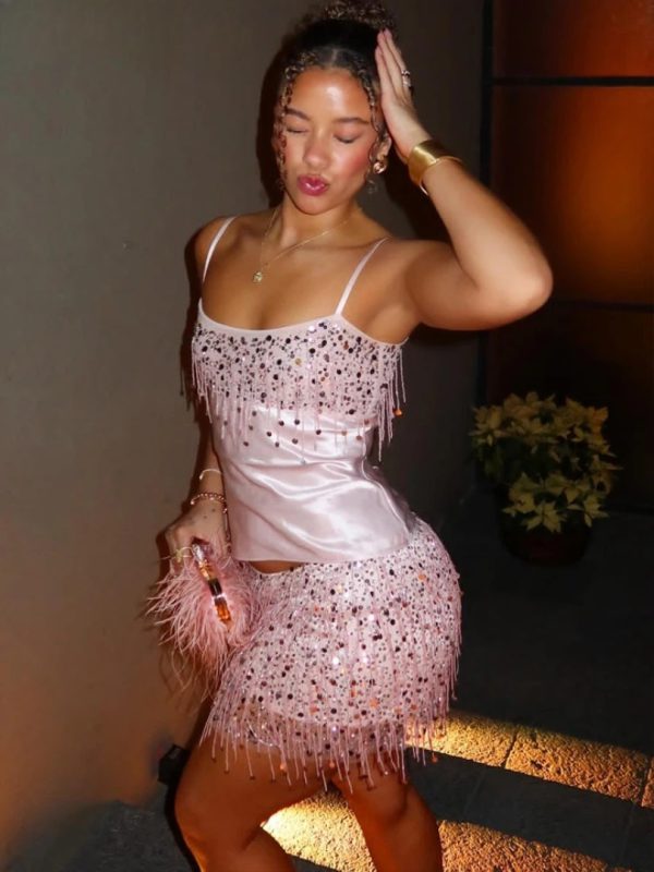 Sequins Cami Top And Fringed Dance Skirts Set Tassel Two-Piece Dress