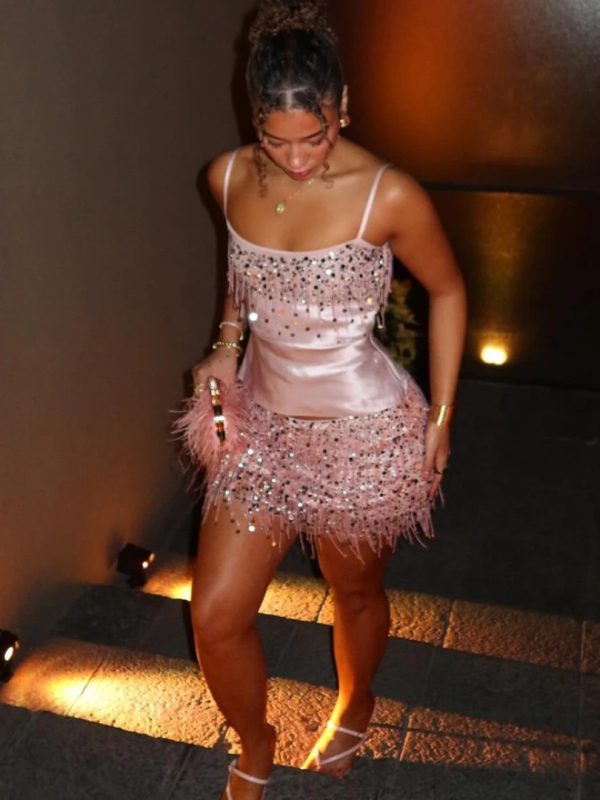 Sequins Cami Top And Fringed Dance Skirts Set Tassel Two-Piece Dress - Image 2
