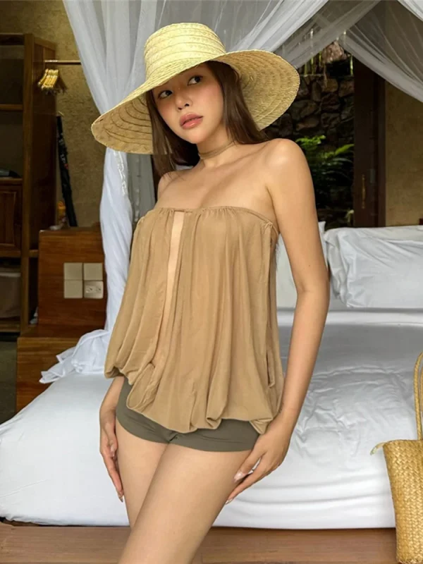 Simple Classic Solid Slim Beach Party Vacation Street Clubwear Tees Split Tube Tops - Image 4