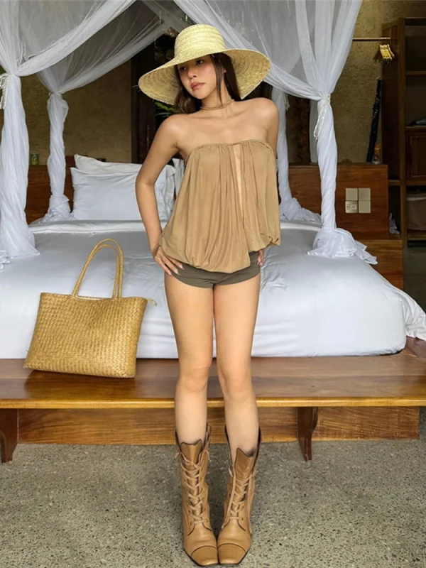 Simple Classic Solid Slim Beach Party Vacation Street Clubwear Tees Split Tube Tops - Image 3
