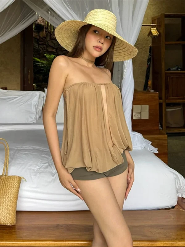 Simple Classic Solid Slim Beach Party Vacation Street Clubwear Tees Split Tube Tops