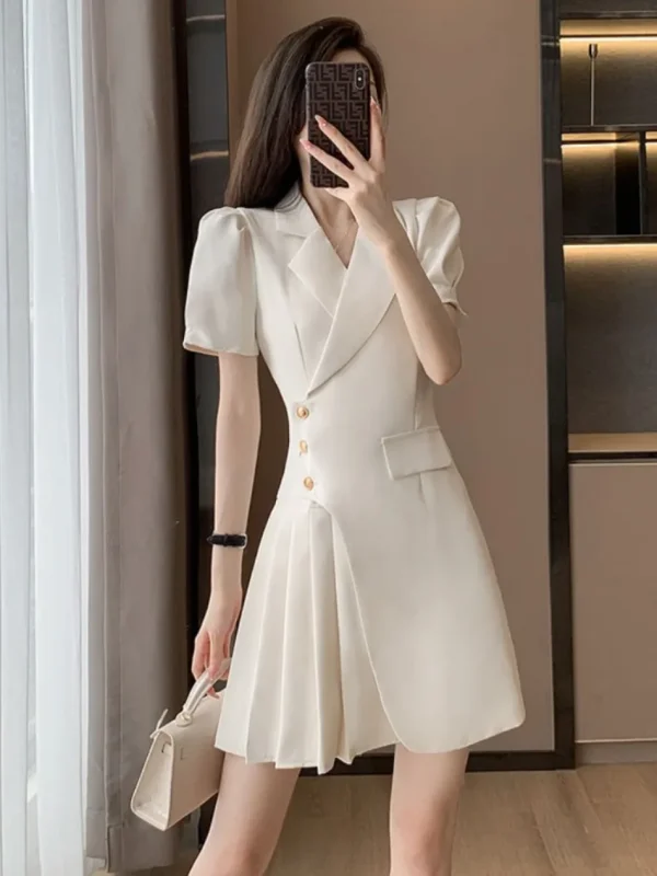 Single-button Closure A-line Pleated Short Sleeve Solid Sheath Blazer Dress - Image 2