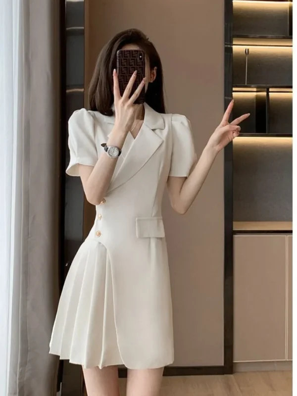 Single-button Closure A-line Pleated Short Sleeve Solid Sheath Blazer Dress - Image 3