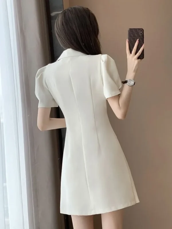 Single-button Closure A-line Pleated Short Sleeve Solid Sheath Blazer Dress - Image 4