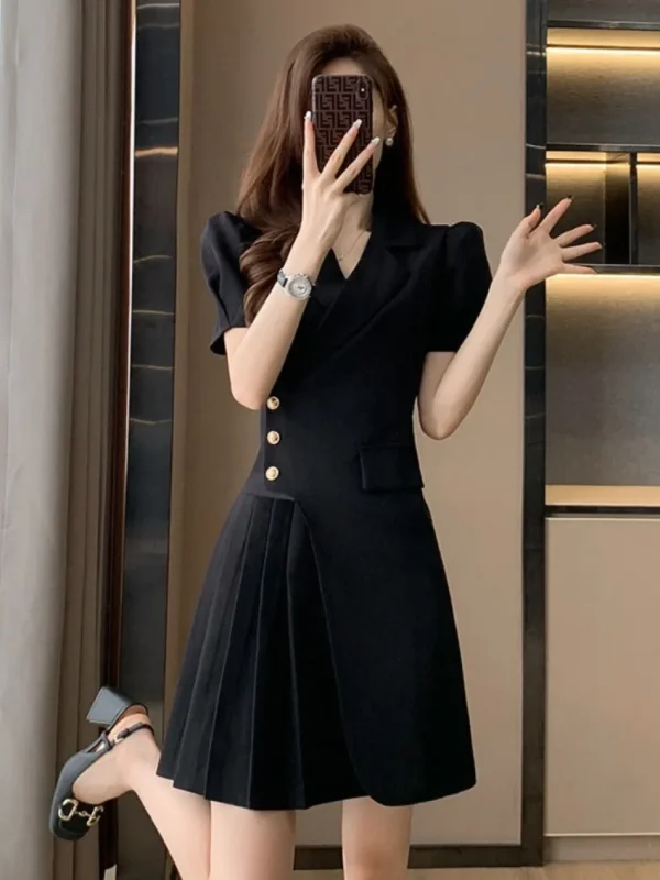 Single-button Closure A-line Pleated Short Sleeve Solid Sheath Blazer Dress - Image 6