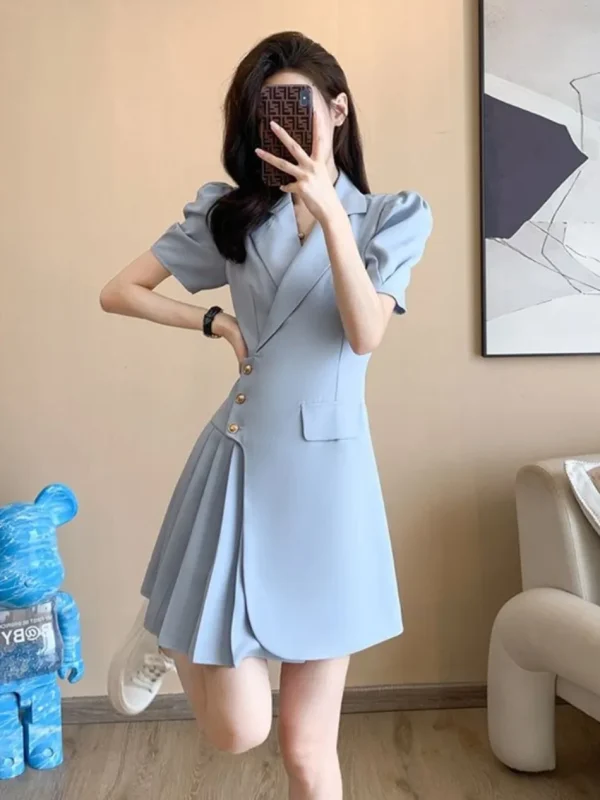 Single-button Closure A-line Pleated Short Sleeve Solid Sheath Blazer Dress - Image 5