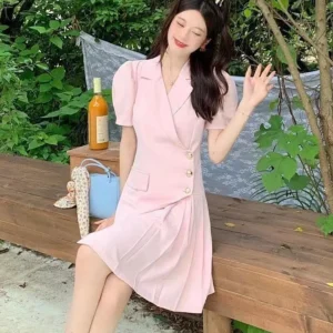 Single-button Closure A-line Pleated Short Sleeve Solid Sheath Blazer Dress