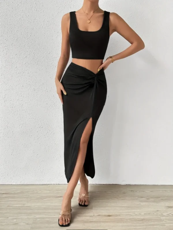 Sleeveless Square Collar Vest Top Side Slit Long Skirt Suit Separate Matching Dress - Image 3