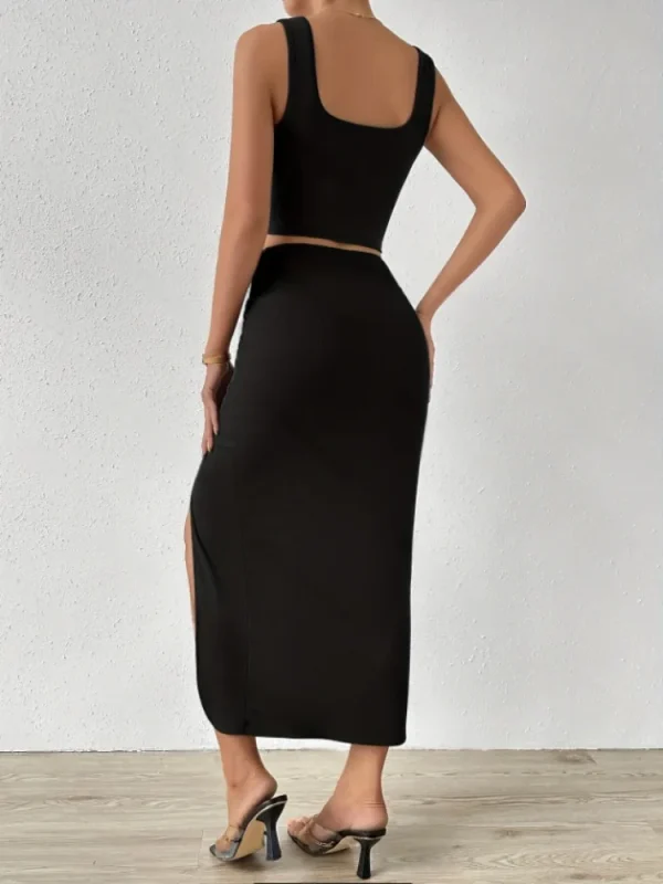 Sleeveless Square Collar Vest Top Side Slit Long Skirt Suit Separate Matching Dress - Image 5