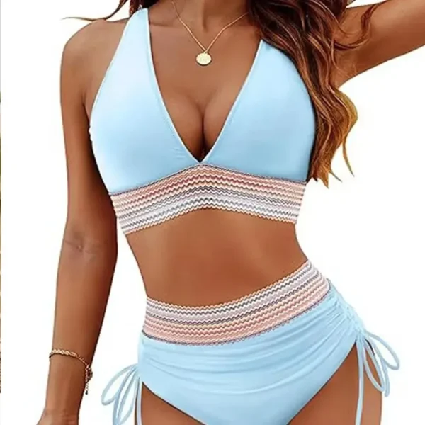 Solid Color Drawstring High Waist Separate Patchwork Swimwear Bikini Set - Image 3