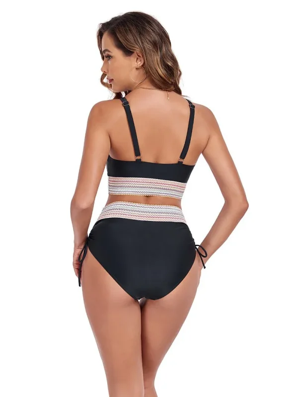 Solid Color Drawstring High Waist Separate Patchwork Swimwear Bikini Set - Image 2
