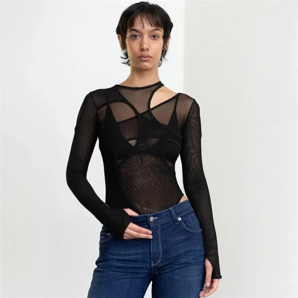 Solid Color Hollow Design Slim Fit For High Street Clubwear Bodysuit