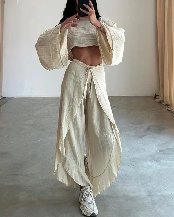 Solid Cotton O Neck Crop Top Lace-up Ruffle Flare Sleeve Hollow Pants Outfit Sets