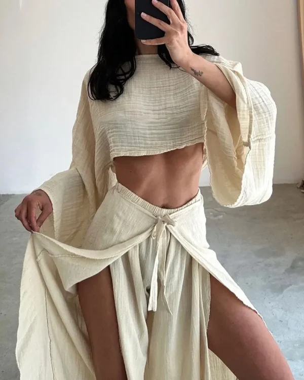 Solid Cotton O Neck Crop Top Lace-up Ruffle Flare Sleeve Hollow Pants Outfit Sets - Image 2