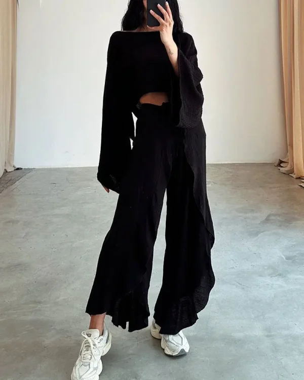Solid Cotton O Neck Crop Top Lace-up Ruffle Flare Sleeve Hollow Pants Outfit Sets - Image 3