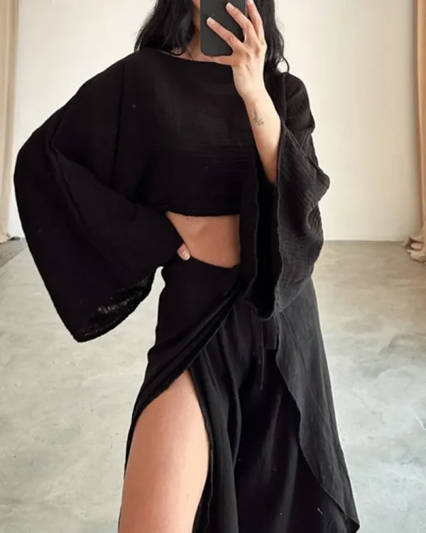 Solid Cotton O Neck Crop Top Lace-up Ruffle Flare Sleeve Hollow Pants Outfit Sets - Image 4