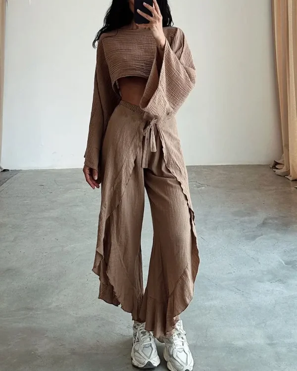 Solid Cotton O Neck Crop Top Lace-up Ruffle Flare Sleeve Hollow Pants Outfit Sets - Image 5