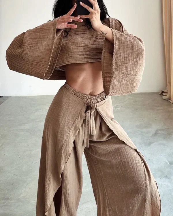 Solid Cotton O Neck Crop Top Lace-up Ruffle Flare Sleeve Hollow Pants Outfit Sets - Image 6