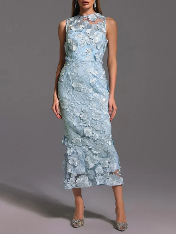 Solid Spliced Appliques O Neck Sleeveless High Waist Temperament Dress