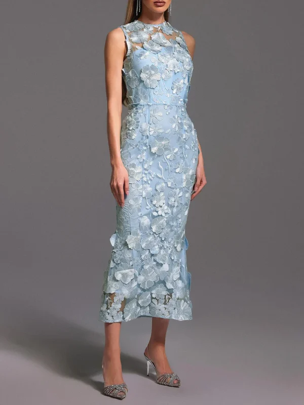 Solid Spliced Appliques O Neck Sleeveless High Waist Temperament Dress - Image 2