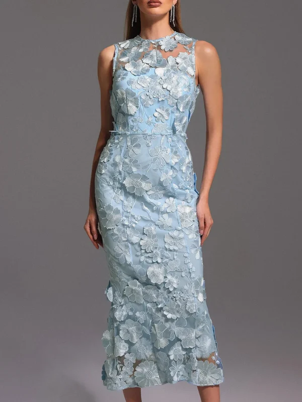 Solid Spliced Appliques O Neck Sleeveless High Waist Temperament Dress - Image 3