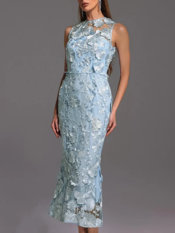 Solid Spliced Appliques O Neck Sleeveless High Waist Temperament Dress - Image 4