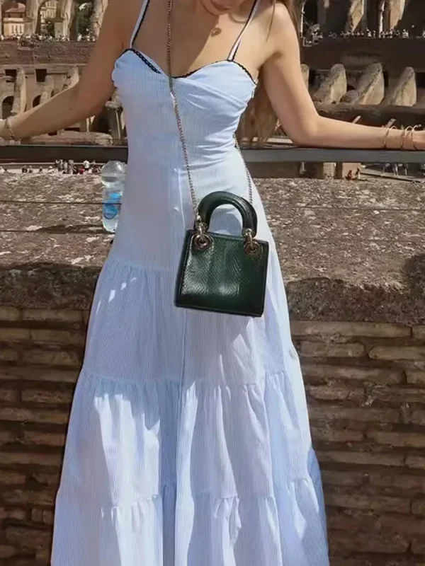 Solid Spliced Button Square Neck Sleeveless High Waist Temperament Dress