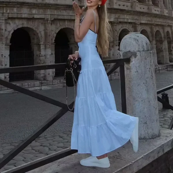 Solid Spliced Button Square Neck Sleeveless High Waist Temperament Dress - Image 2