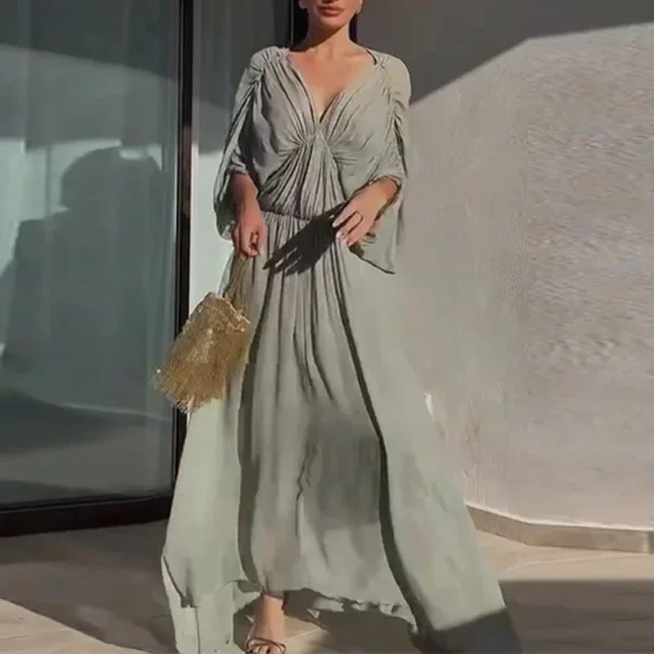 Solid Spliced Folds V Neck Short Sleeve High Waist Temperament Dress - Image 7