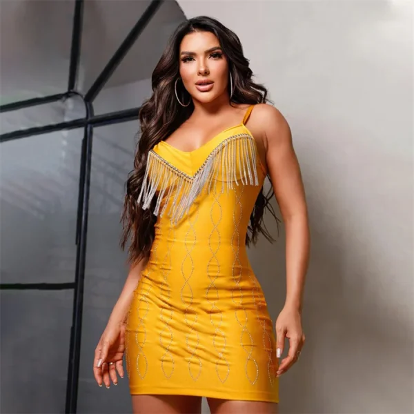 Spaghetti Strap V Neck Rhinestone Tassel Party Birthday Night Club Bodycon Dress