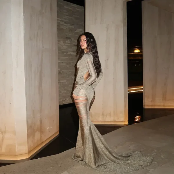 Sparkling Solid Long Sleeves Hollow Out Slim Fit Patchwork Fishtail Robe Party Evening Gown - Image 3