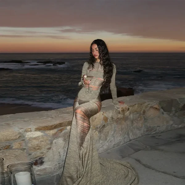 Sparkling Solid Long Sleeves Hollow Out Slim Fit Patchwork Fishtail Robe Party Evening Gown - Image 4