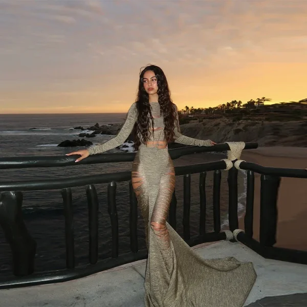 Sparkling Solid Long Sleeves Hollow Out Slim Fit Patchwork Fishtail Robe Party Evening Gown - Image 6