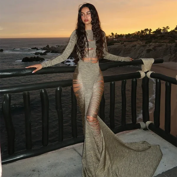 Sparkling Solid Long Sleeves Hollow Out Slim Fit Patchwork Fishtail Robe Party Evening Gown - Image 7