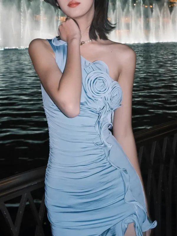 Spliced Folds Diagonal Collar Sleeveless High Waist Temperament Dress
