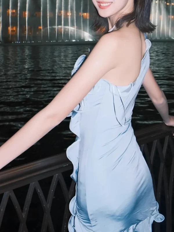 Spliced Folds Diagonal Collar Sleeveless High Waist Temperament Dress - Image 5