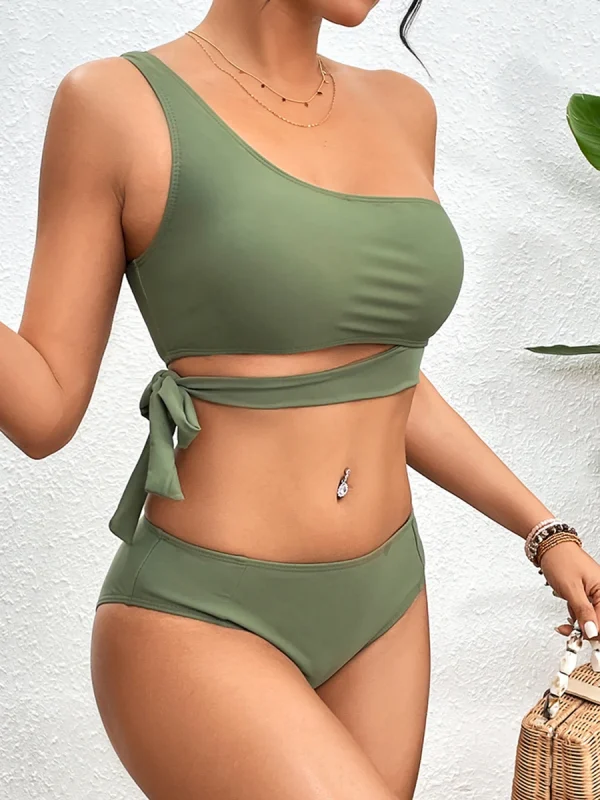 Classic Solid Padded Bathers Bathing One Shoulder Beachwear Bikini Set Swimsuit - Image 3