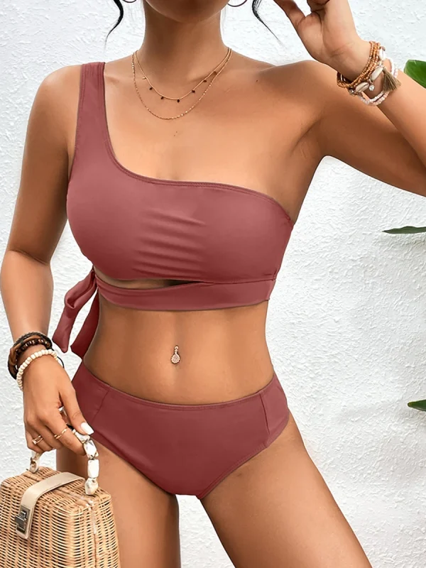 Classic Solid Padded Bathers Bathing One Shoulder Beachwear Bikini Set Swimsuit - Image 5