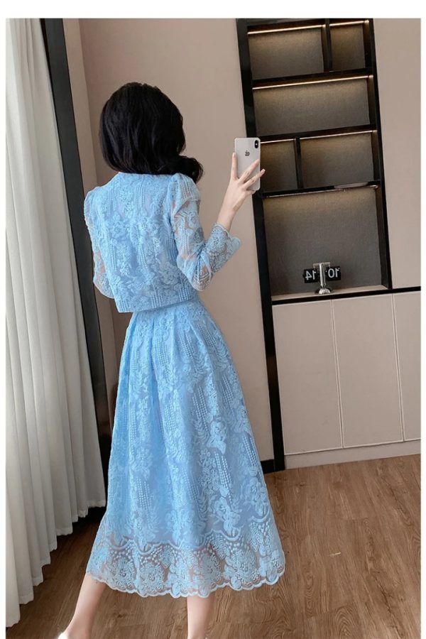 Temperament Lace Flower Embroidery Long Sleeve Pearls Buttons Crop Top Midi Skirts 2 Piece Set - Image 3