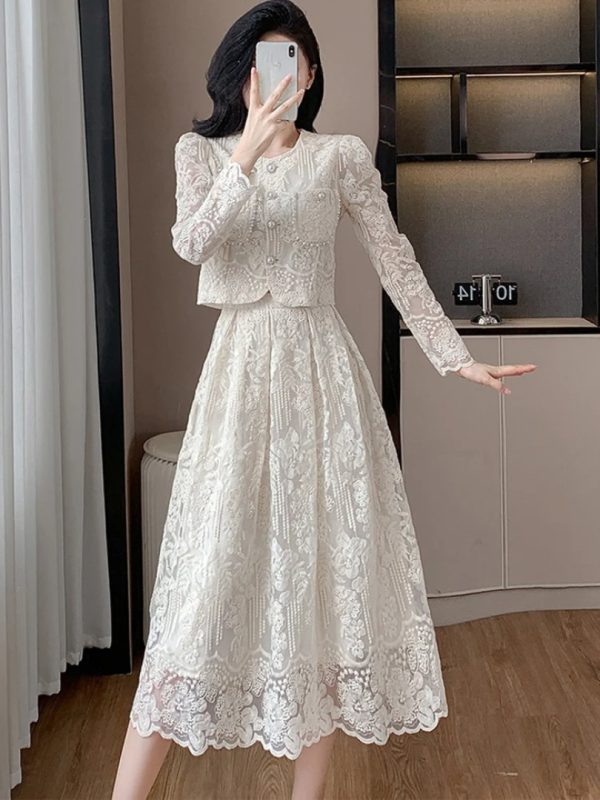 Temperament Lace Flower Embroidery Long Sleeve Pearls Buttons Crop Top Midi Skirts 2 Piece Set