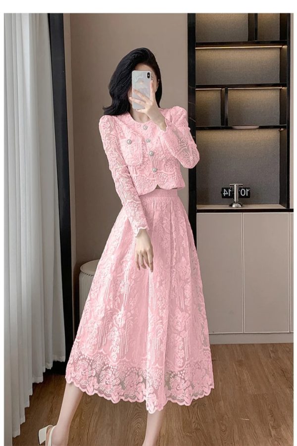 Temperament Lace Flower Embroidery Long Sleeve Pearls Buttons Crop Top Midi Skirts 2 Piece Set - Image 5