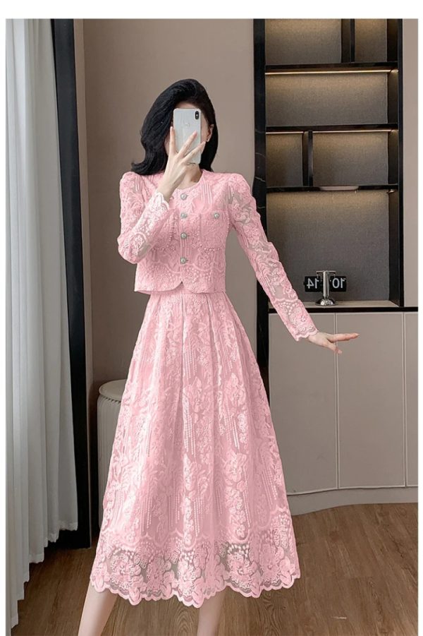 Temperament Lace Flower Embroidery Long Sleeve Pearls Buttons Crop Top Midi Skirts 2 Piece Set - Image 4