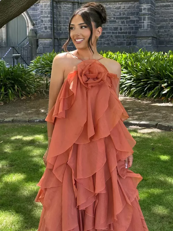 Tiered With Floral Accents And Open Back Events Maxi Dress - Image 5