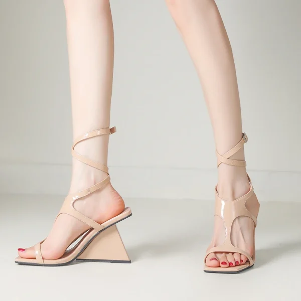 Cross-Strap Buckle Strap Toe Buckle Strap Round High Heels Sandal - Image 4