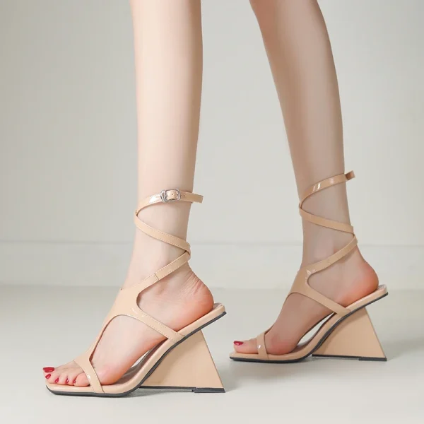 Cross-Strap Buckle Strap Toe Buckle Strap Round High Heels Sandal - Image 5