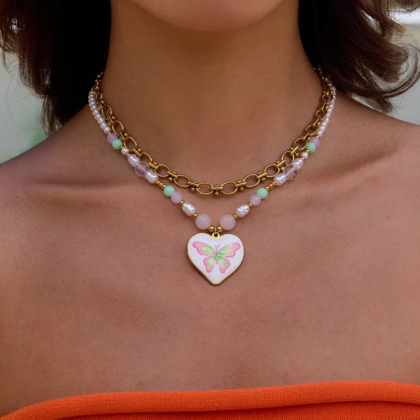 Trend 18K Gold Color Plated Stainless Steel Drop Oil Butterfly Print Pearl Stackable Pendant Necklace 2 pieces - Image 3