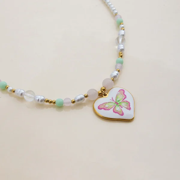 Trend 18K Gold Color Plated Stainless Steel Drop Oil Butterfly Print Pearl Stackable Pendant Necklace 2 pieces - Image 4